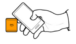 Hand holding a smartphone near a small orange square, possibly representing a sensor.