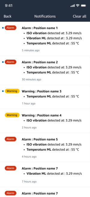 Notifications screen showing alarms and warnings for various positions with vibration and temperature data.