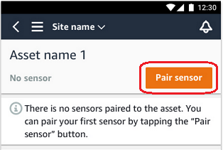 Mobile app interface showing "Asset name 1" with "No sensor" status and "Pair sensor" button.