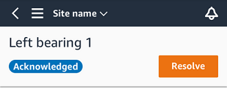 Mobile app interface showing "Left bearing 1" with "Acknowledged" and "Resolve" buttons.