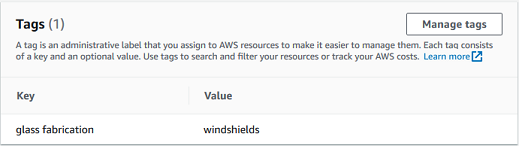 Tags section showing a key-value pair for glass fabrication and windshields.