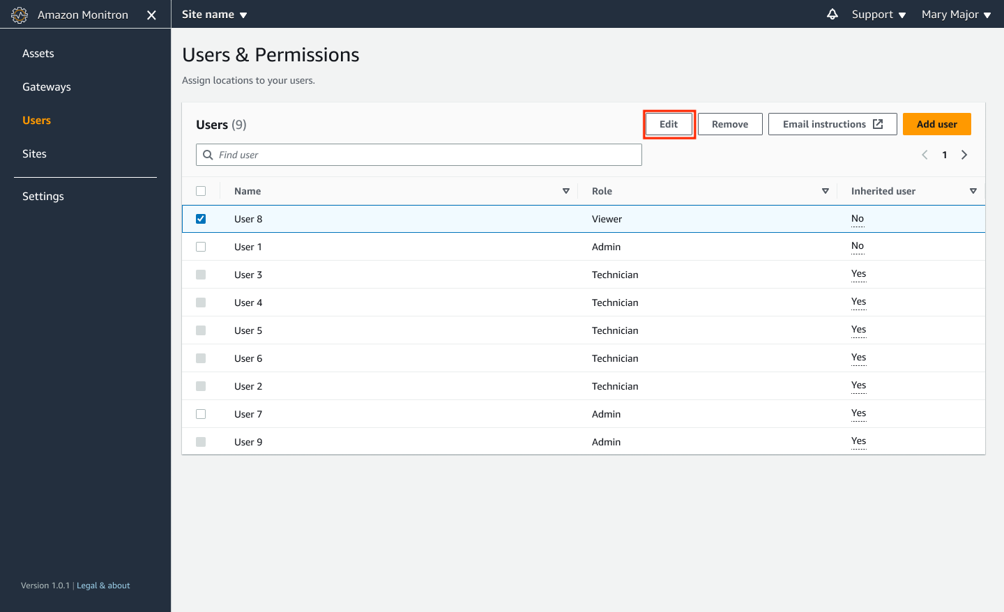 Users & Permissions interface showing a list of users with roles and edit options.