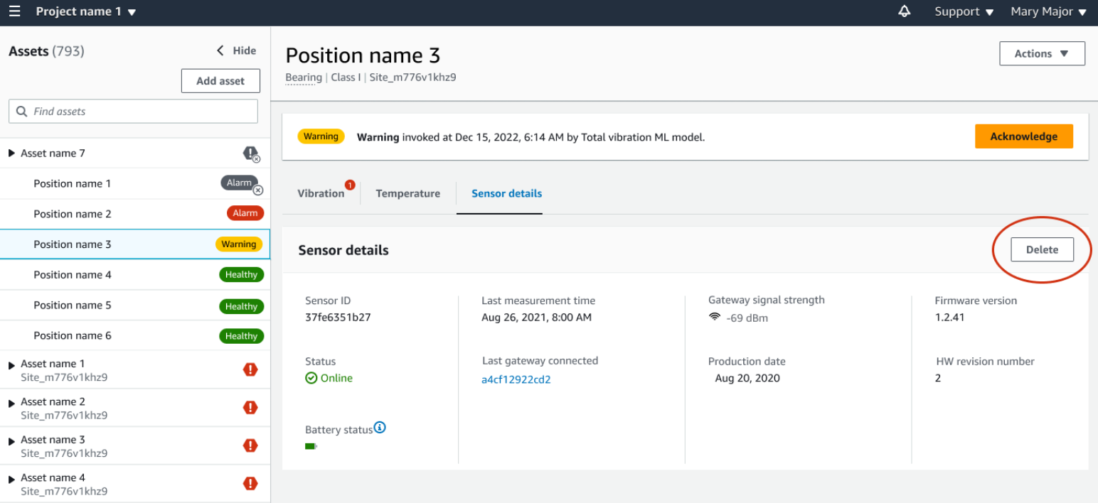 Asset management interface showing sensor details for Position name 3 with a warning status.