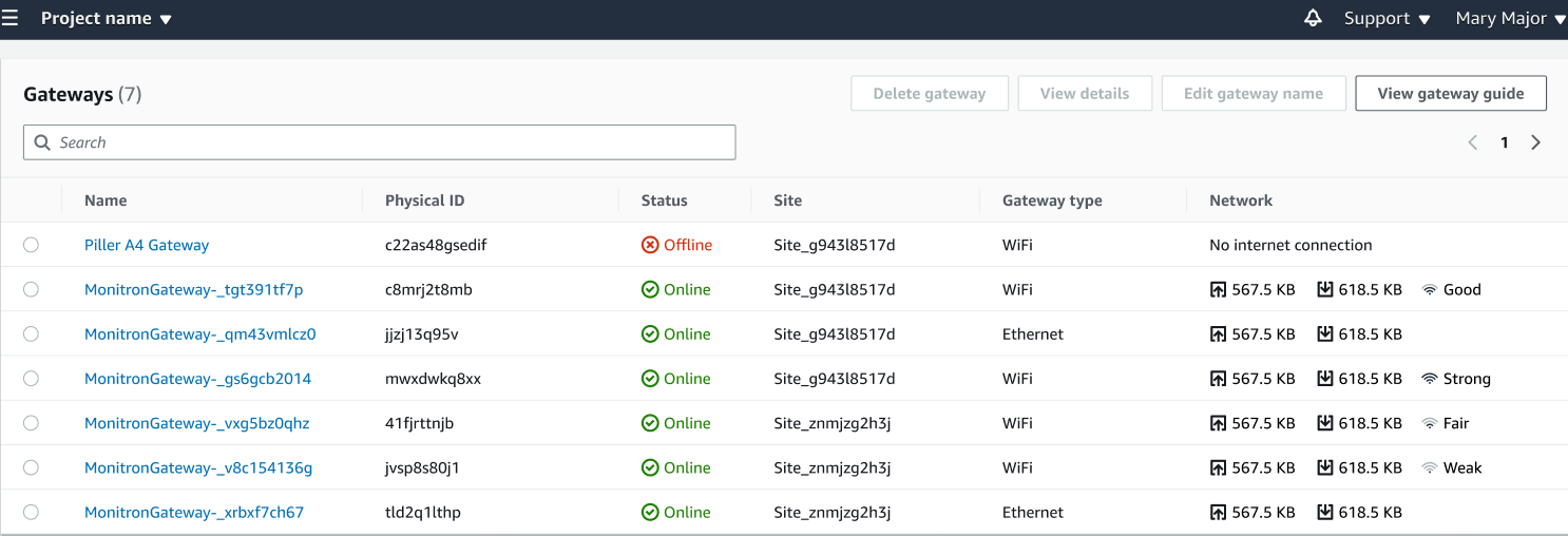 Gateway list showing status, site, type, and network details for 7 gateways.