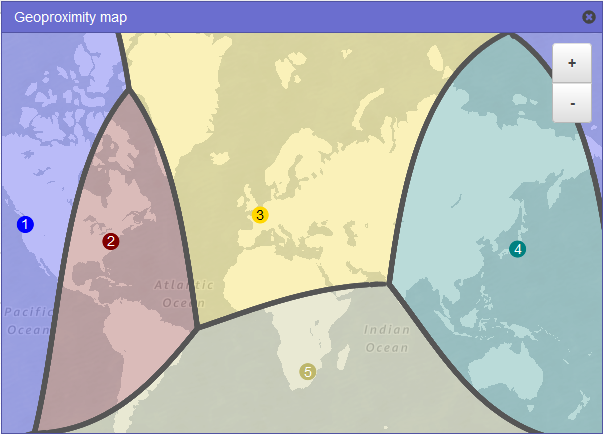 Un mapa del mundo que muestra cómo se enruta el tráfico cuando se tienen registros de geoproximidad de recursos Regiones de AWS en los EE.UU. Oeste (Oregón), EE.UU. Este (Norte de Virginia), Europa (París) y Asia-Pacífico (Tokio), y si se tiene un registro de una organización no relacionada con un AWS recurso en Johannesburgo (Sudáfrica).