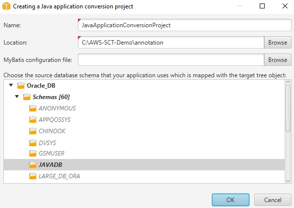 Cuadro de diálogo Proyecto de conversión de aplicaciones de Java nuevo