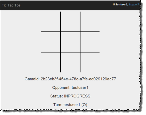 Captura de pantalla de la aplicación que muestra una cuadrícula vacía de Tic-Tac-Toe (Tres en raya).