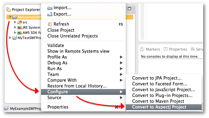 Project Explorer context menu showing Configure submenu with Convert to AspectJ Project option.