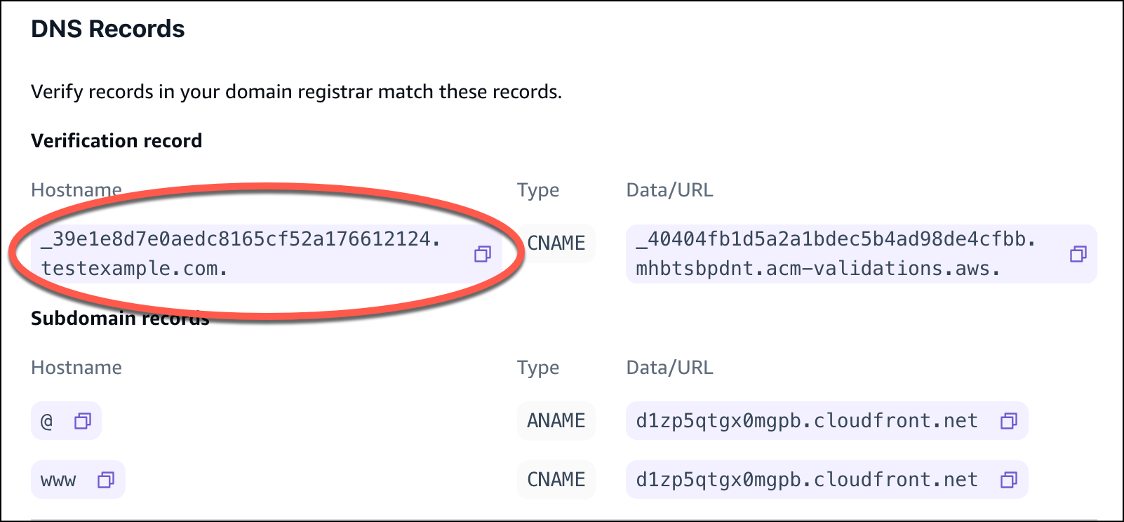 La sección de DNS registros de la consola de Amplify con el registro de verificación del nombre de host marcado con un círculo.