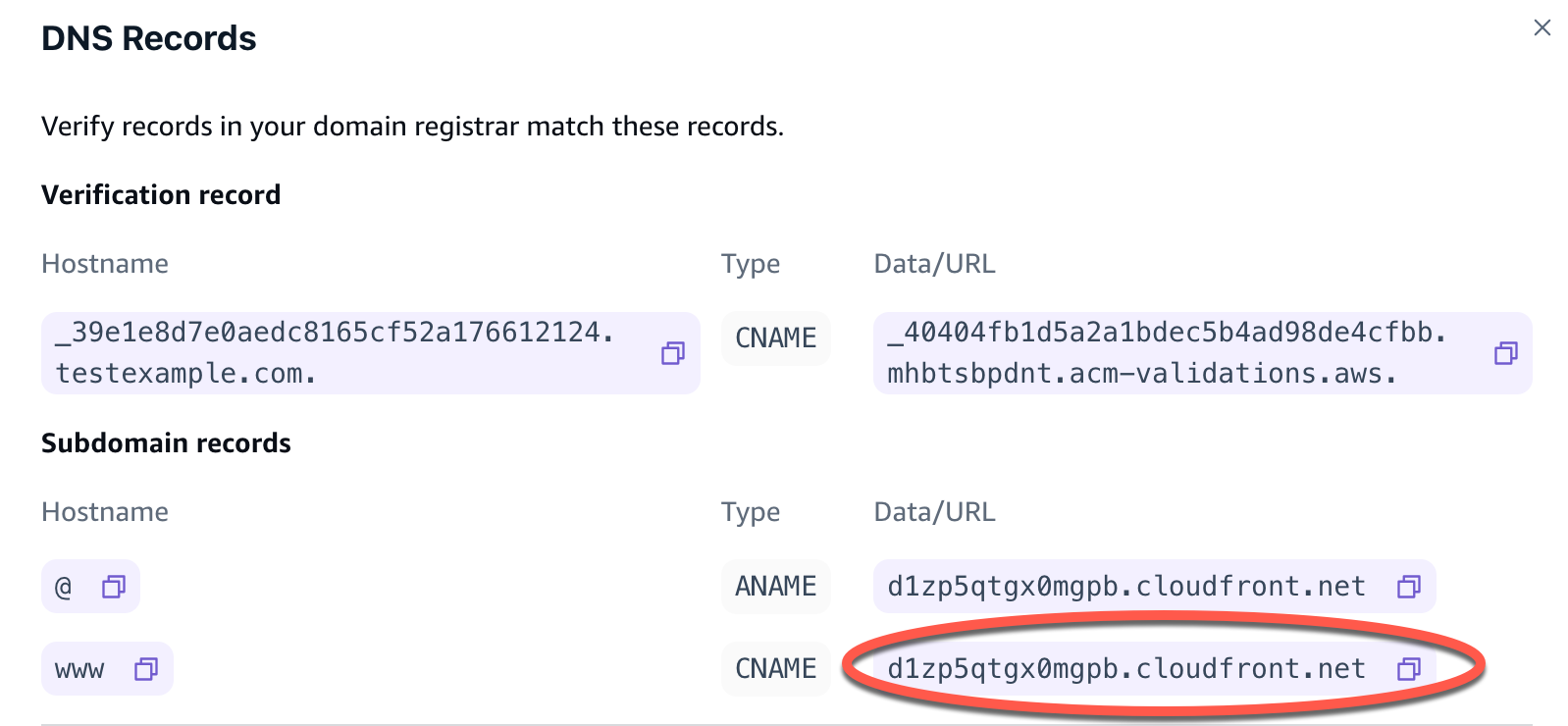 Los DNS registros de la consola Amplify, incluido el registro del nombre de dominio.