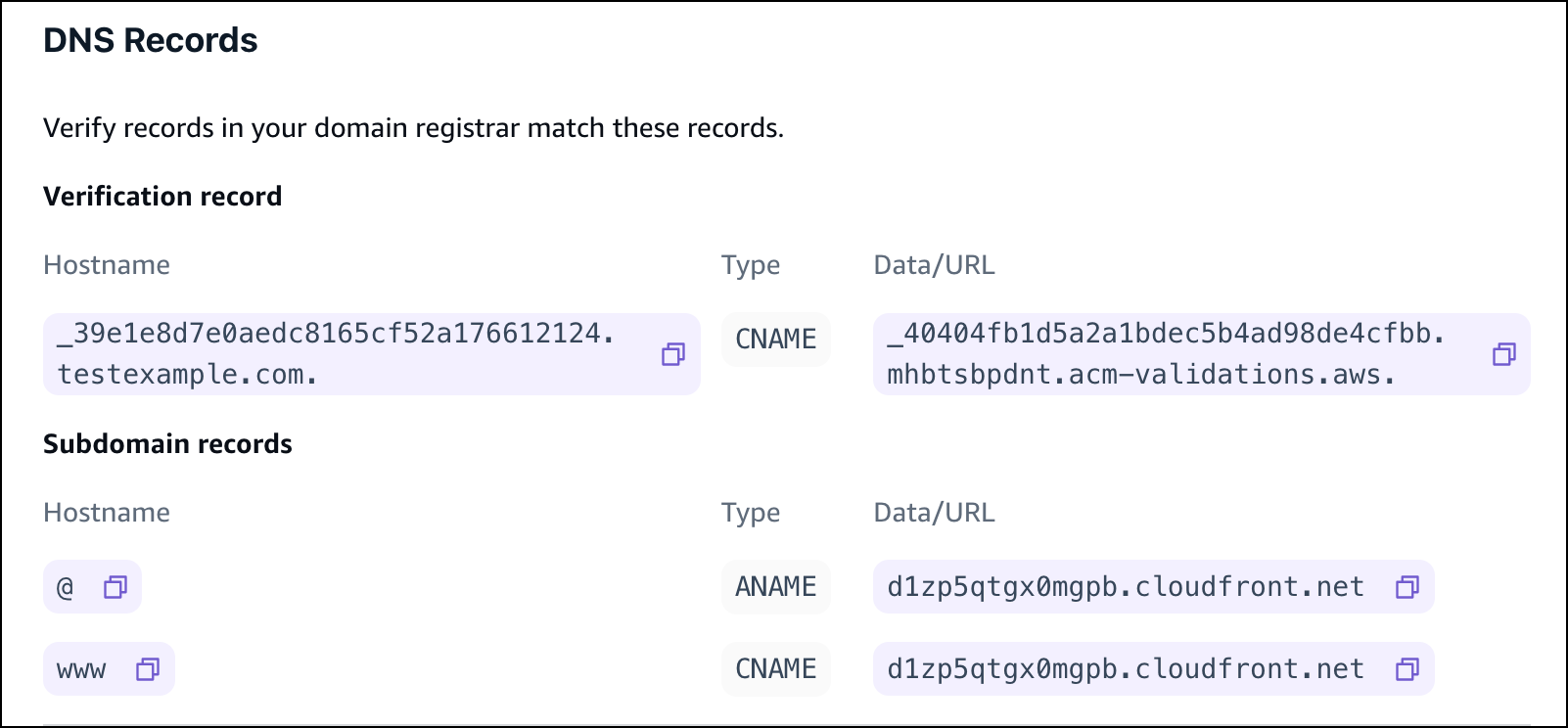 Los DNS registros que se muestran en la consola Amplify.