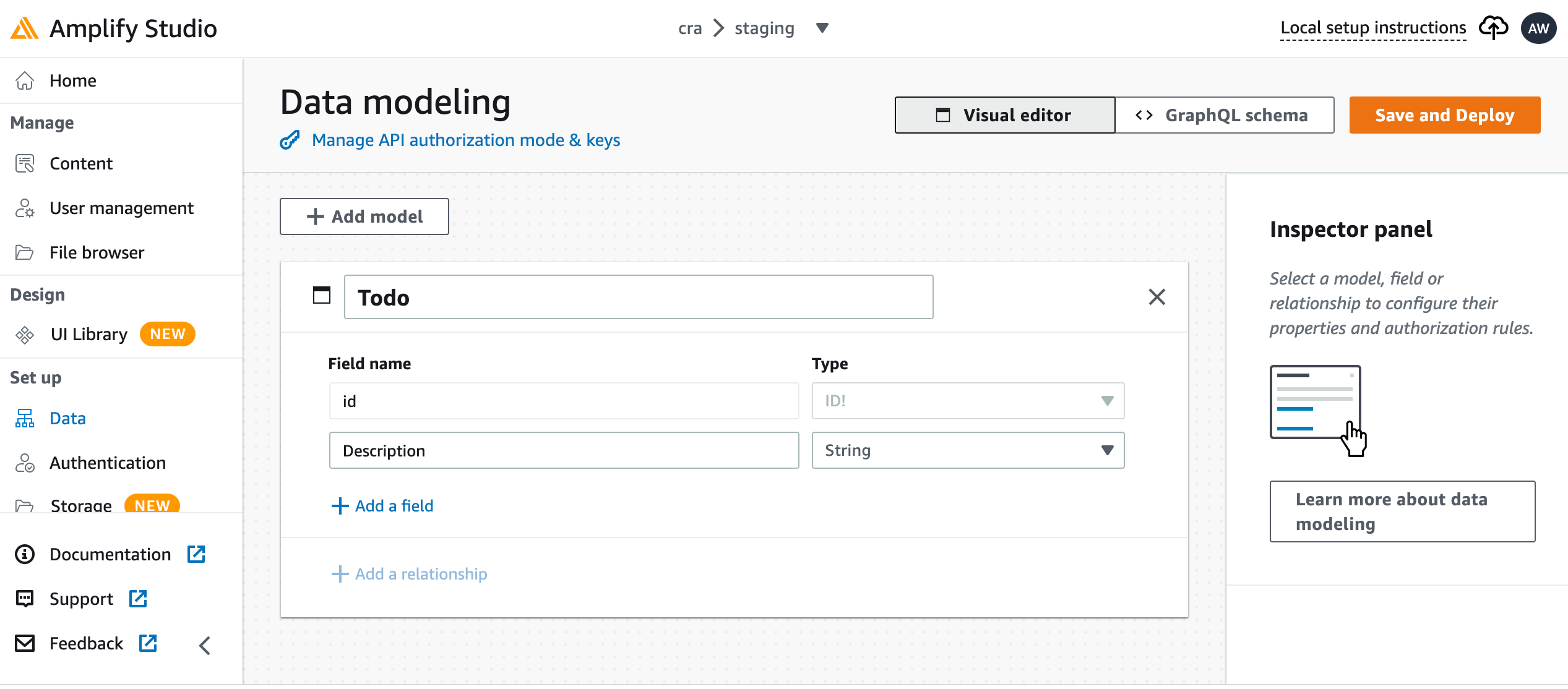 Interfaz de usuario de Amplify Studio para crear un modelo de datos.