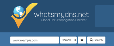 La aplicación whatsmydns.net en la que se introduce el nombre del sitio web que se va a comprobar.