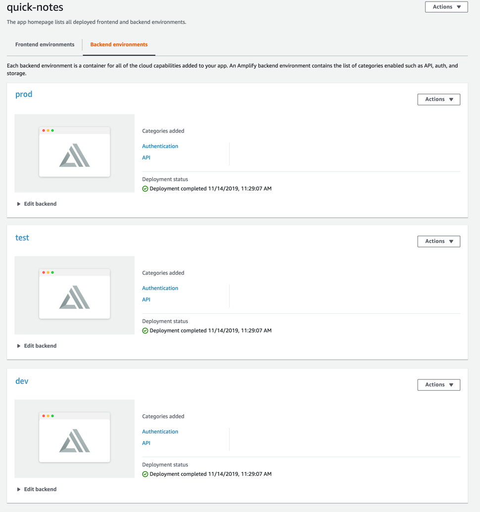 Captura de pantalla de la consola Amplify que muestra todos los entornos de back-end asociados a una aplicación Amplify.