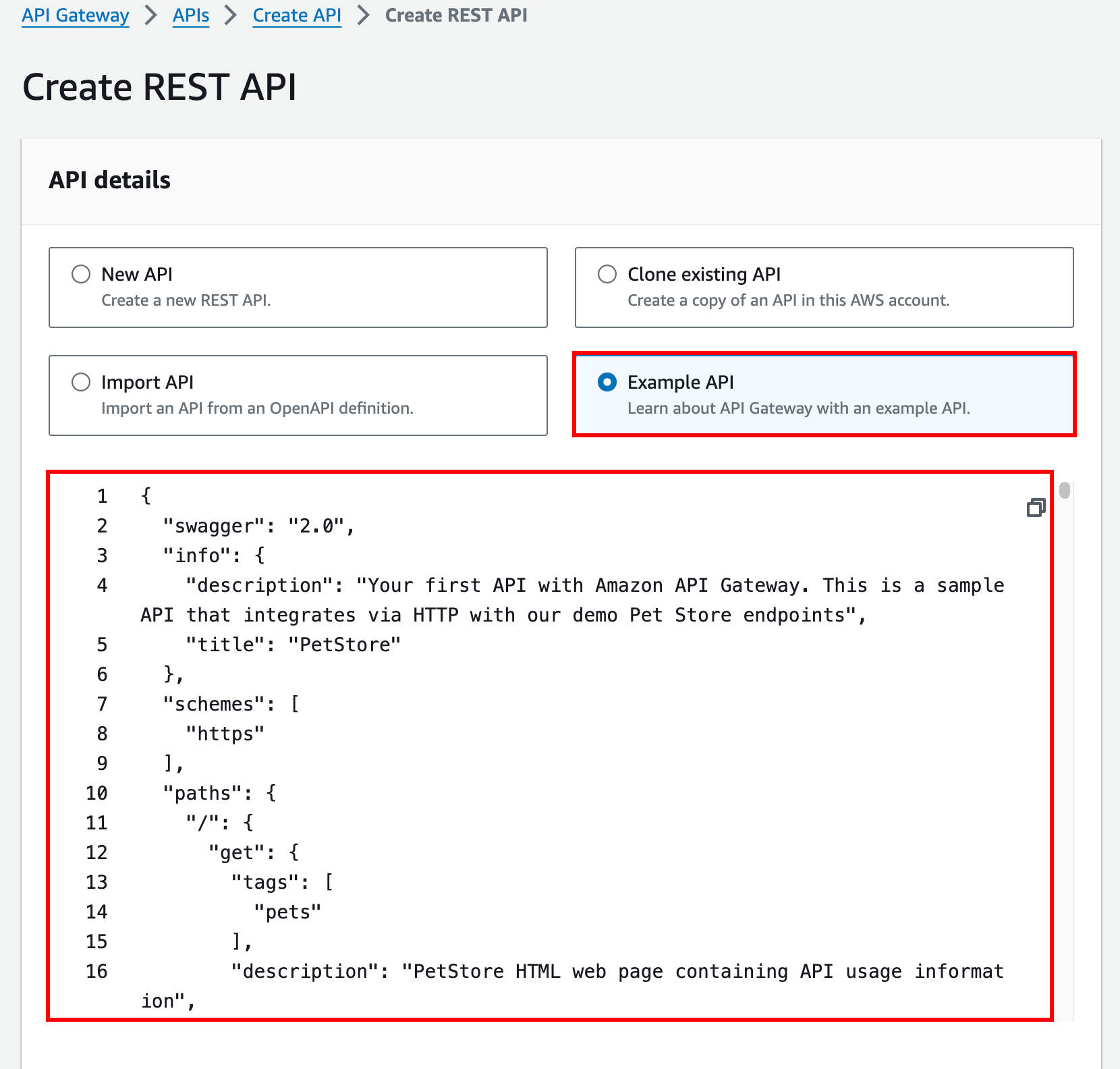 API de REST de ejemplo en la consola de API Gateway.