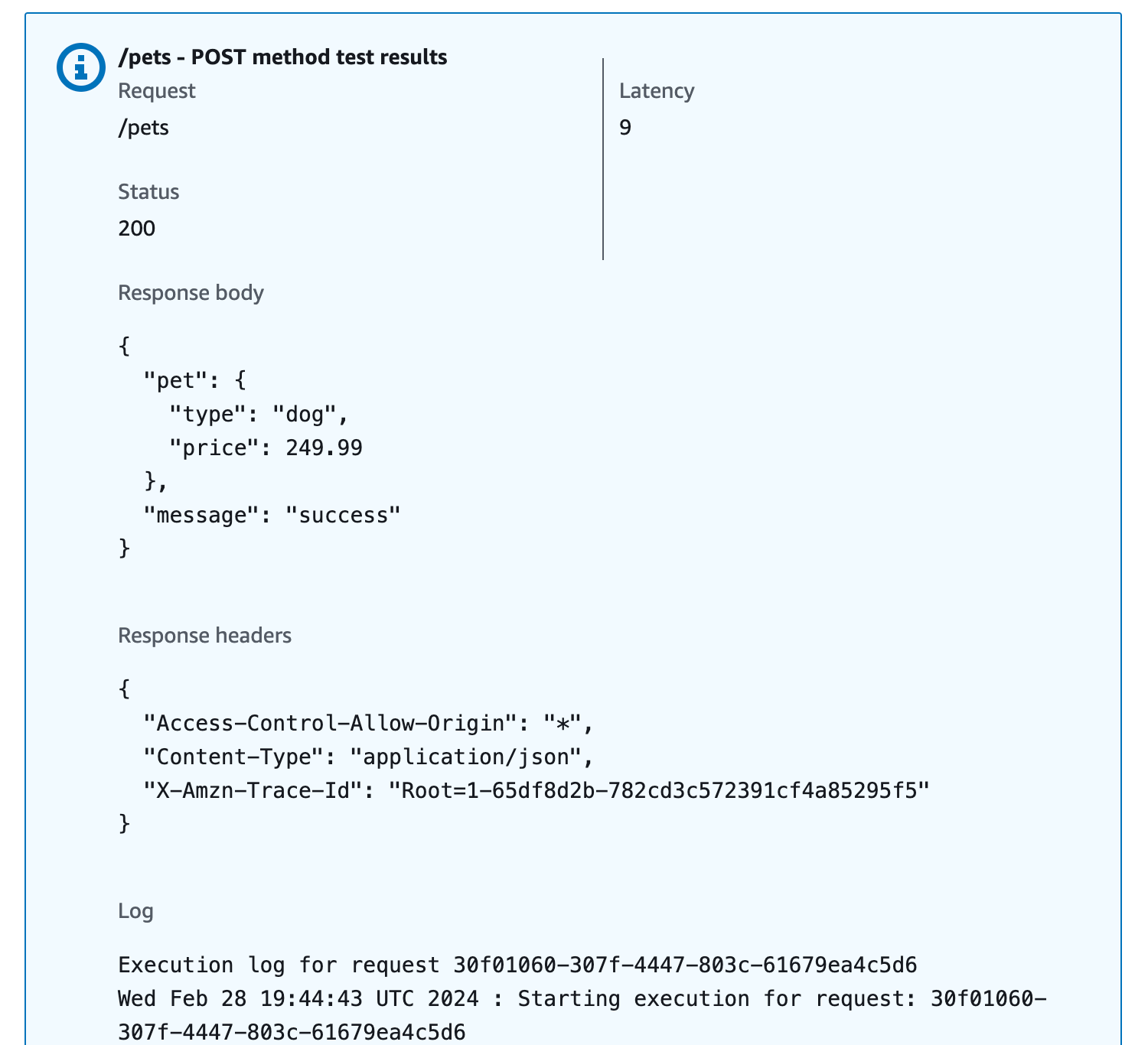 El resultado de la prueba del método POST en la consola de API Gateway.