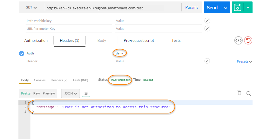 Cómo llamar a la API con el token Deny de autorización de Lambda