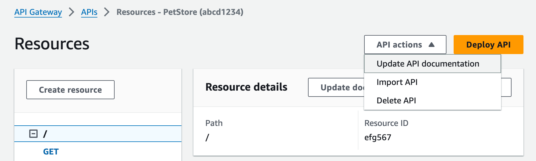 Editar la documentación de la entidad de API en la consola de API Gateway