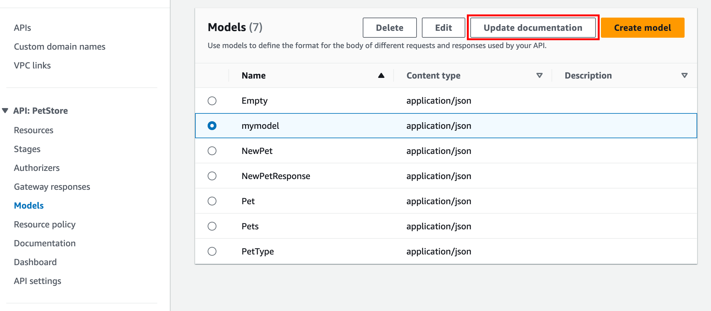 Editar la documentación de la entidad de modelo en la consola de API Gateway