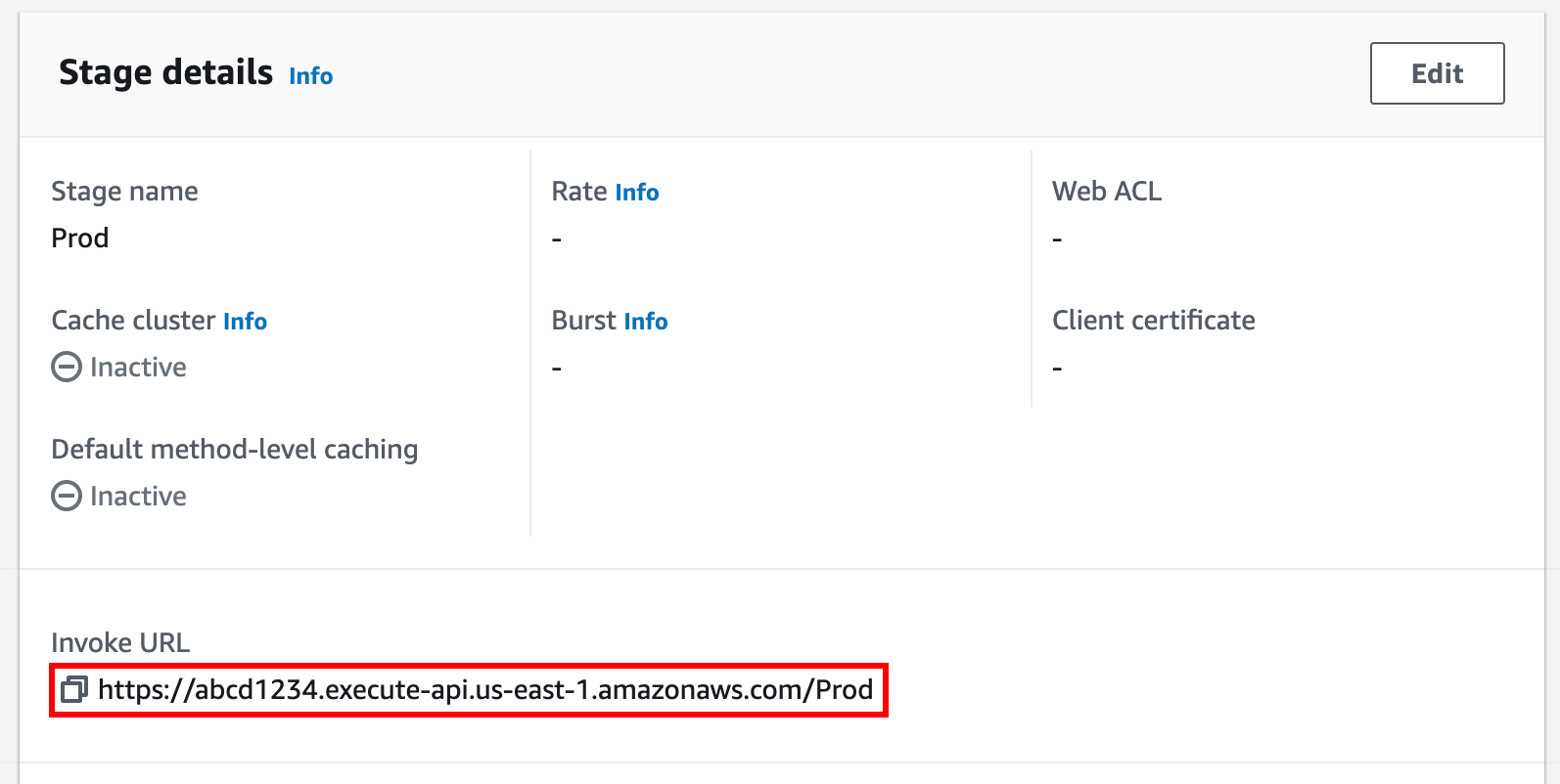 Después de crear la API de REST, la consola muestra la URL de invocación de la API.