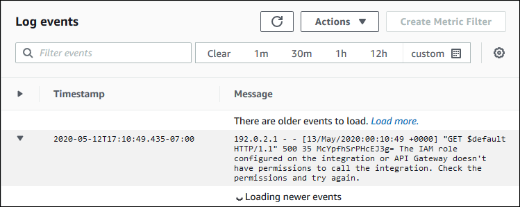 Entrada de registro de CloudWatch Logs que muestra el mensaje de error de integración de Lambda.