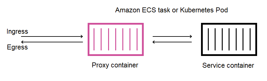 El contenedor proxy recibe el tráfico de entrada y salida y se comunica con el contenedor de servicios.