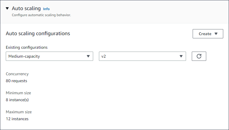 Página de configuración de la consola de App Runner que muestra las opciones de escalado automático