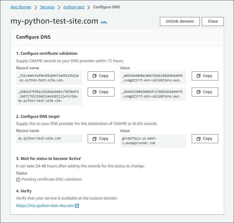 La página Configurar DNS, que muestra los registros de validación de certificados y de destino de DNS para añadirlos a tu DNS.