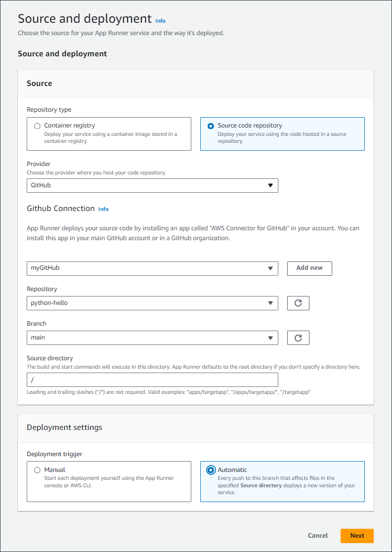 Configuración de origen e implementación al crear un servicio de App Runner