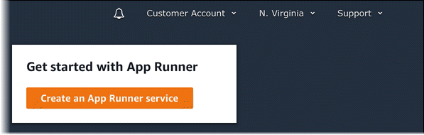 Página de inicio de la consola de App Runner que muestra el botón de creación de servicio