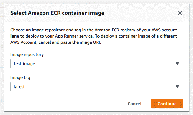 Selección de una imagen de Amazon ECR al crear un servicio de App Runner
