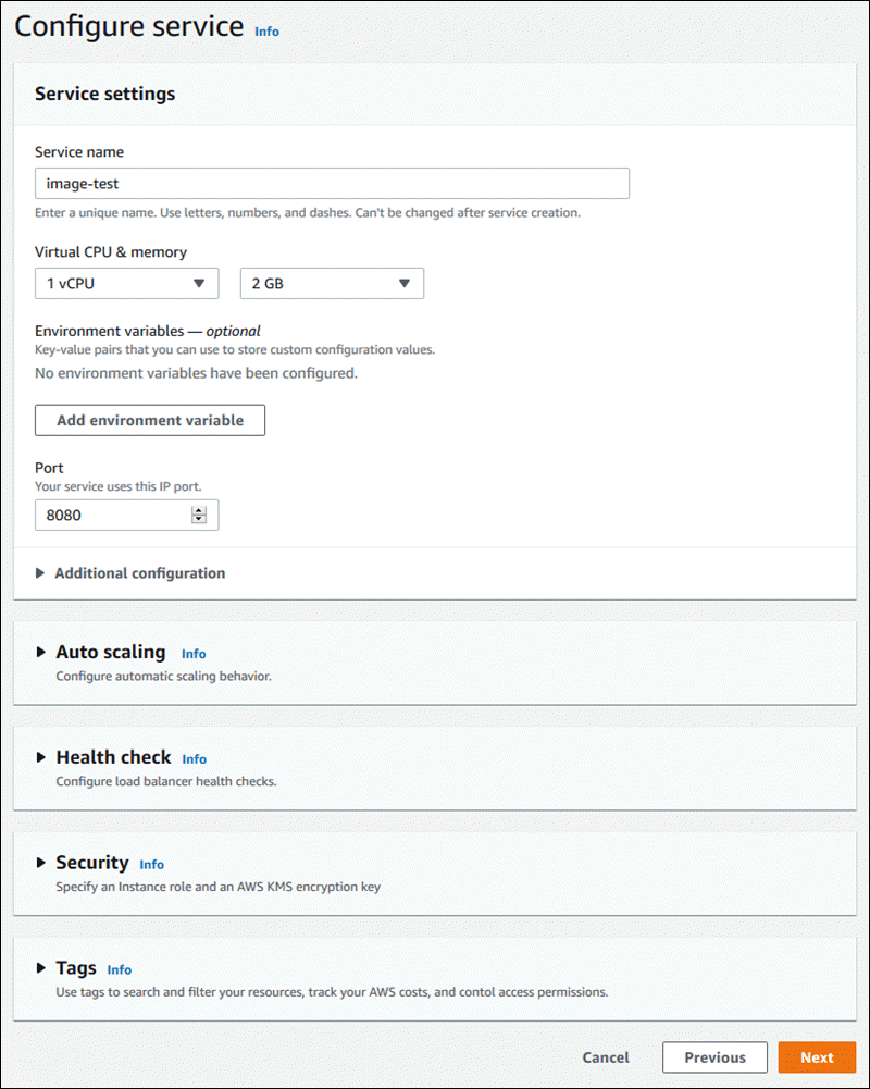 Configuración del servicio al crear un servicio de App Runner