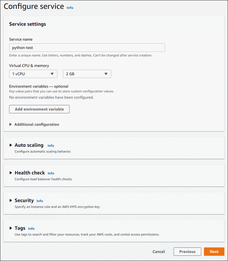 Configuración del servicio al crear un servicio de App Runner