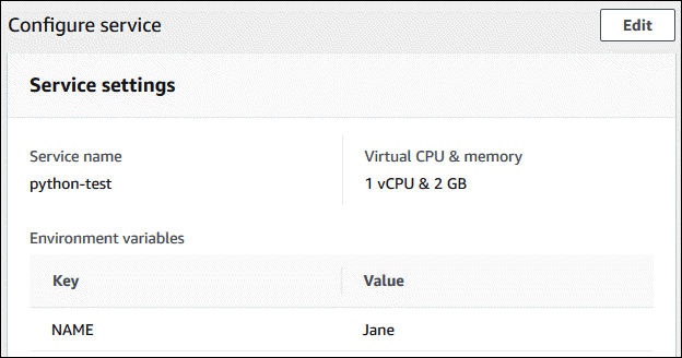 La sección de configuración del servicio de la pestaña Configuración de la página del panel de servicios de App Runner