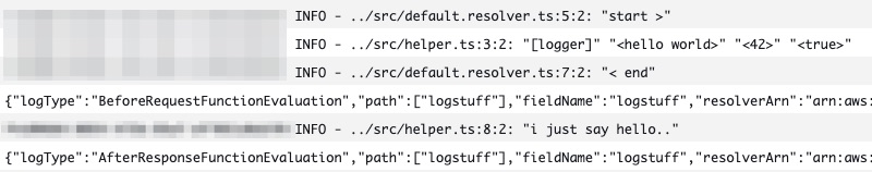 CloudWatch log entries showing resolver code execution with inline source map information.