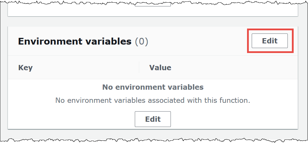 Elija Editar para editar las variables de entorno de la función de Lambda.