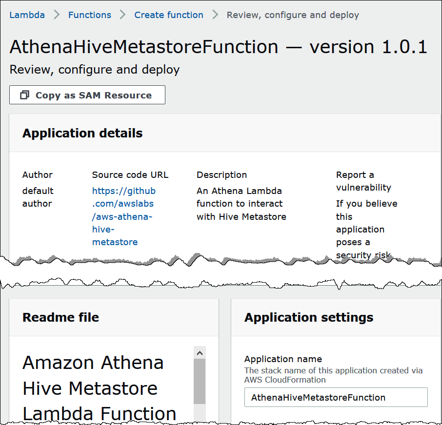 La página AthenaHiveMetastoreFunction en la consola de AWS Lambda.