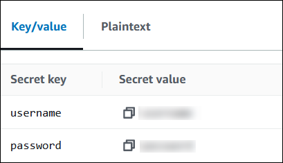 Visualización de los secretos en AWS Secrets Manager.