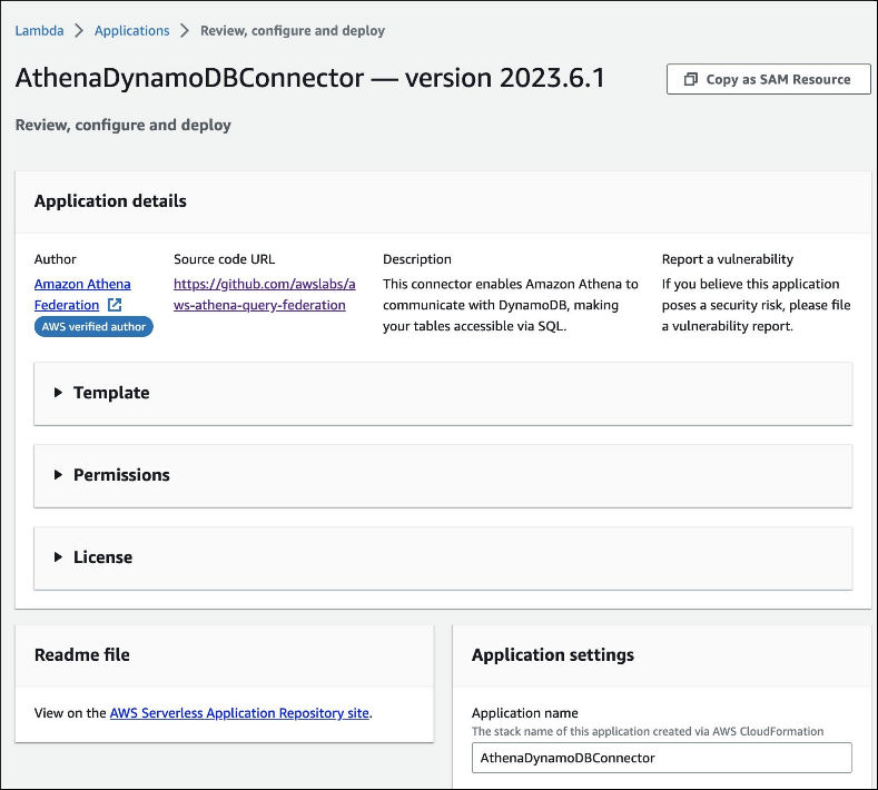 Página del conector en la consola de AWS Lambda.