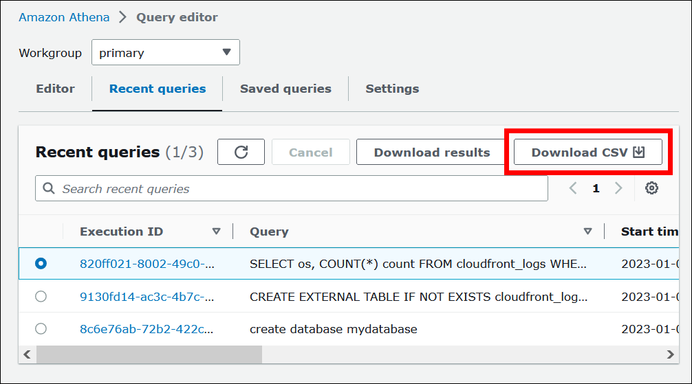 Descarga de cadenas de consultas recientes como archivo CSV.