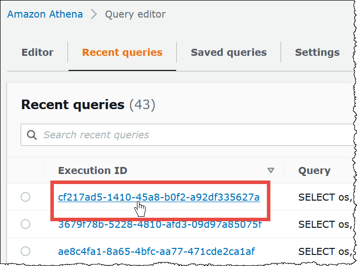 Elija el ID de ejecución de una consulta para verlo en el editor de consultas.