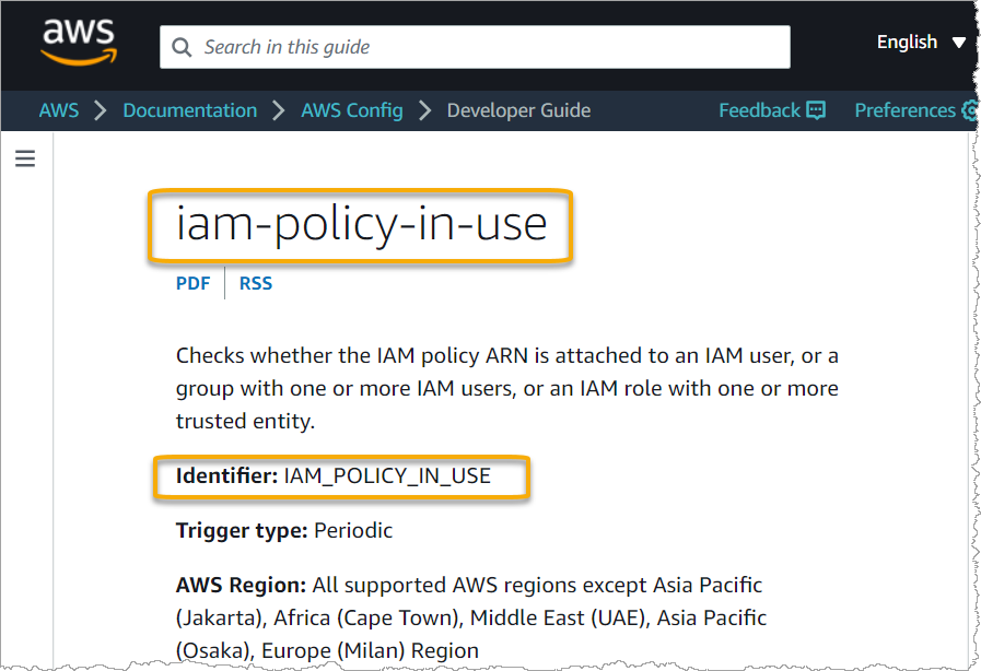 Un nombre e identificador de la regla administrada, tal como se muestra en la documentación AWS Config .