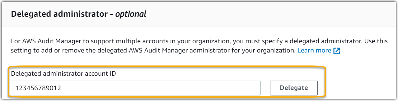 Captura de pantalla de la sección de administrador delegado en las opciones de configuración de Audit Manager.