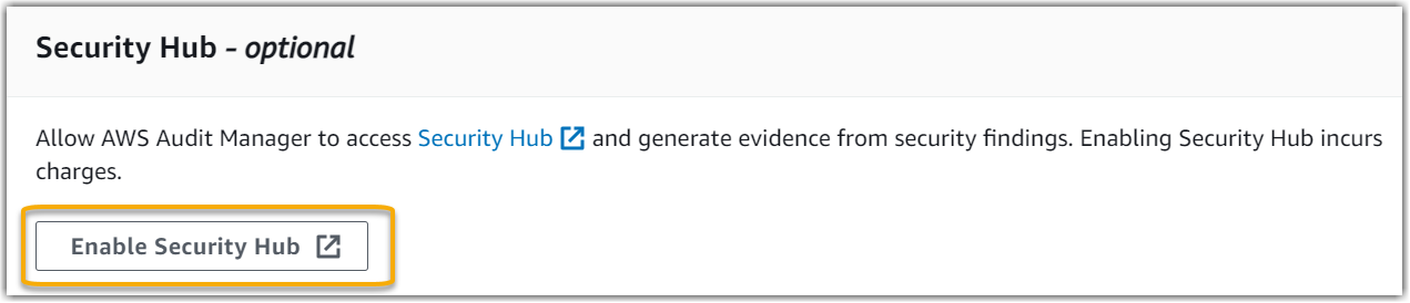 Captura de pantalla de la sección Security Hub de las opciones de configuración de Audit Manager.