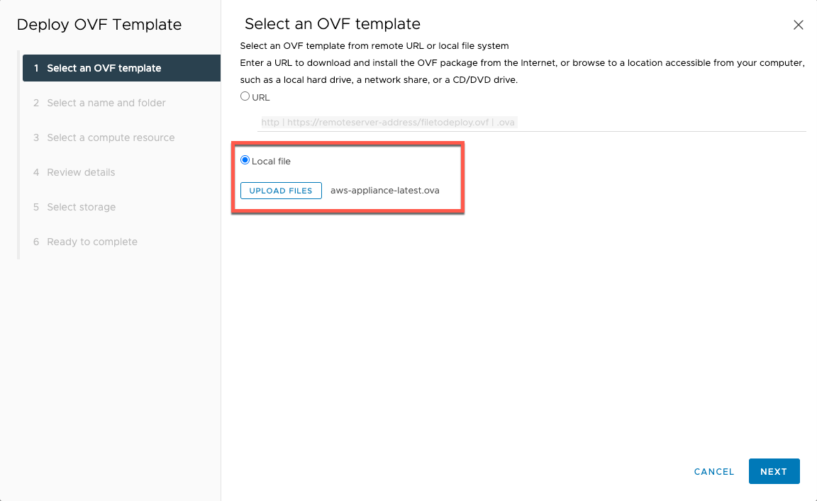 La opción Archivo local del panel Seleccionar una plantilla de OVF.