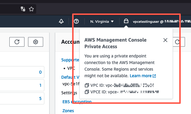 La consola Amazon S3 muestra la ubicación del icono de bloqueo privado y la información de acceso AWS Management Console privado.