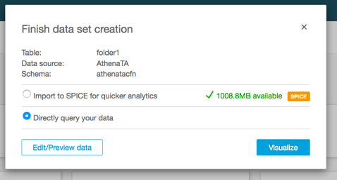 Captura de pantalla de la creación de un conjunto de datos en la consola de Amazon QuickSight.