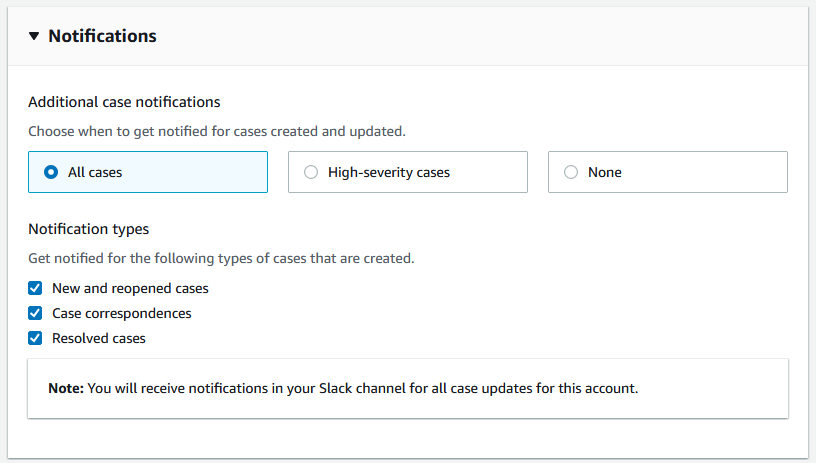 Configure un canal de Slack en la aplicación AWS Support.