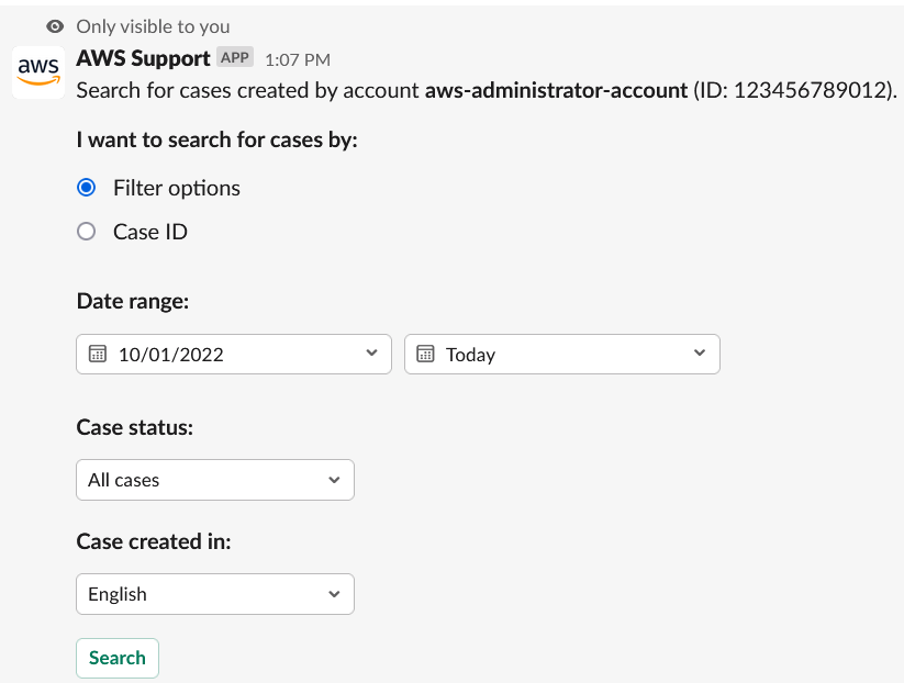 Ejemplo de consulta de búsqueda de casos de soporte en Slack.