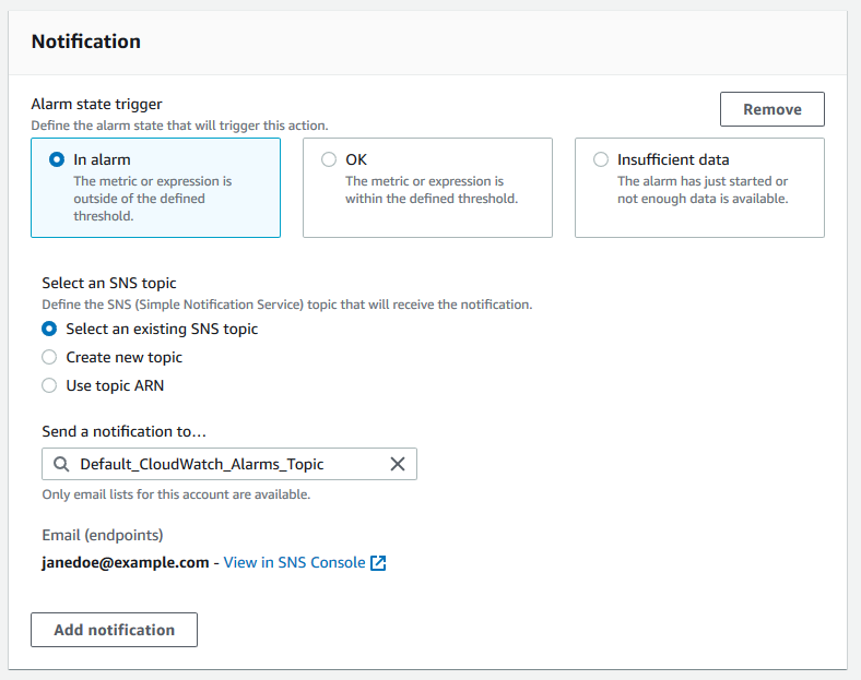 Captura de pantalla de la configuración de notificación de una alarma para monitorear una métrica de Trusted Advisor en la consola de CloudWatch.